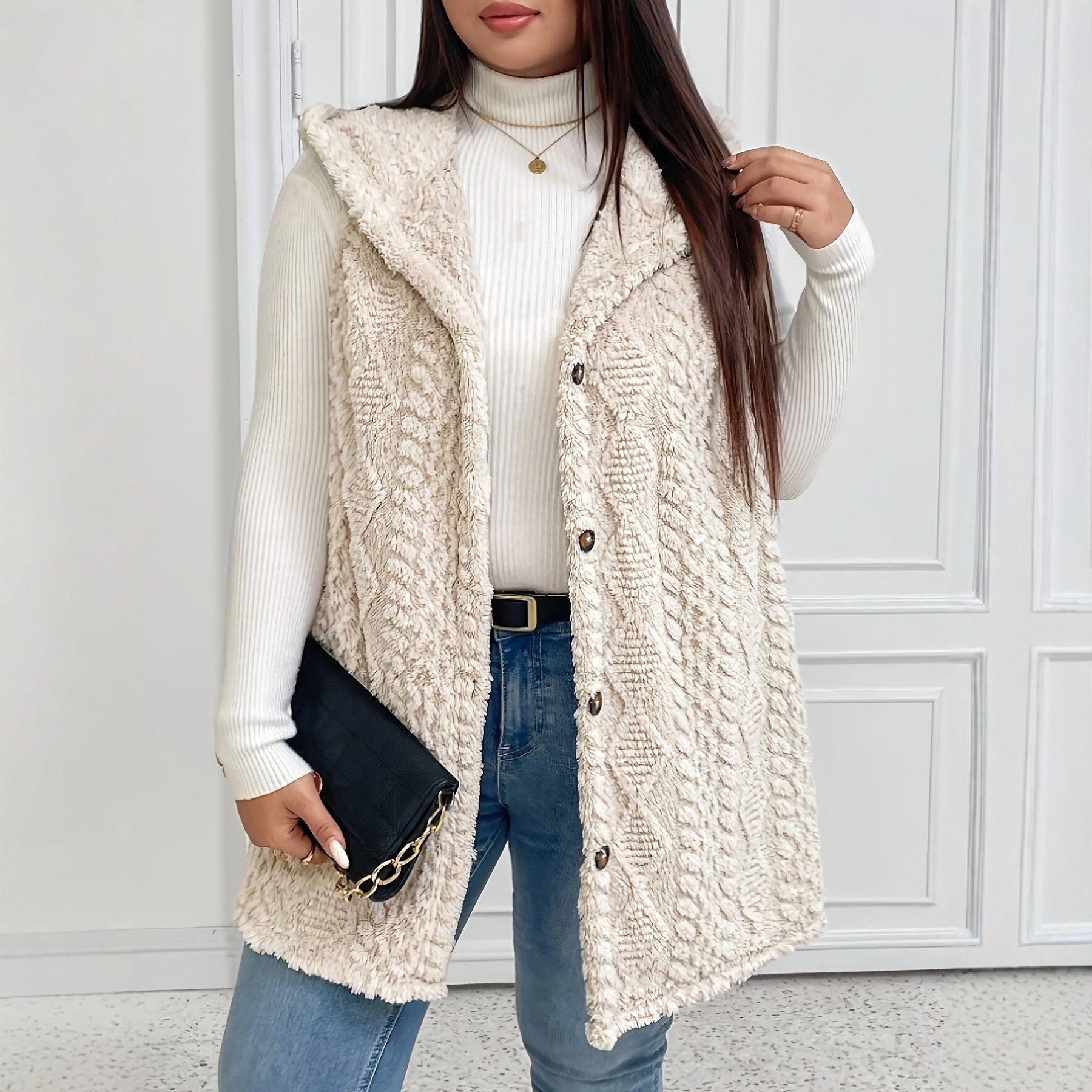 Gilet cardigan à capuche en peluche