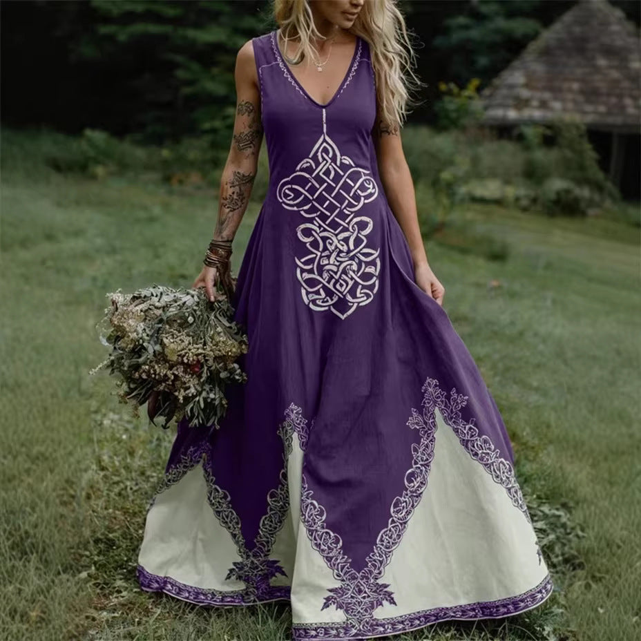 Robe longue bohème à imprimé artistique et encolure V