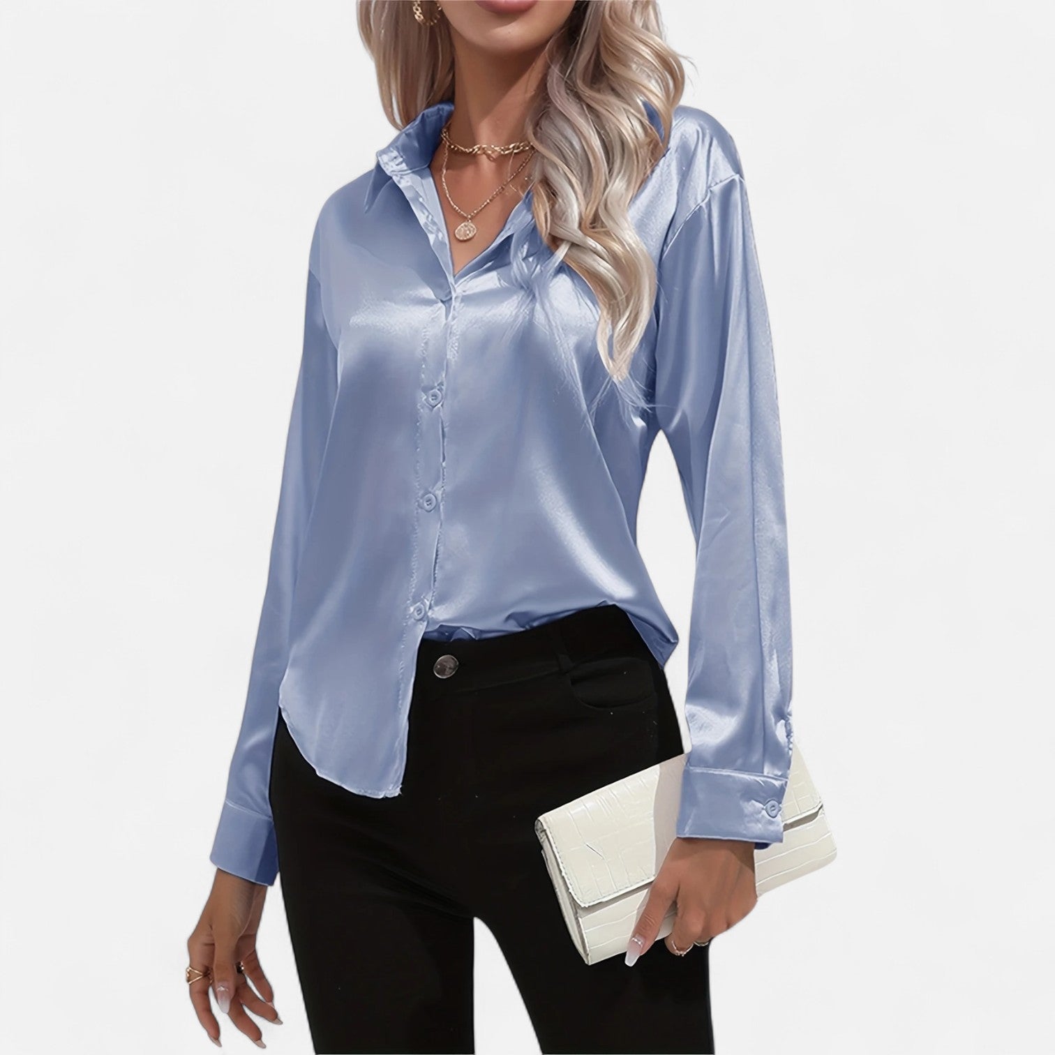 Chemisier boutonné en satin pour femme – Chemise classique à manches longues et revers