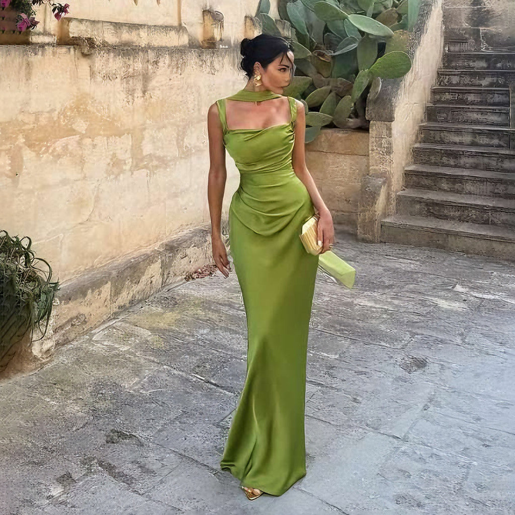 Emerald Green Pleated Backless Maxi Dress