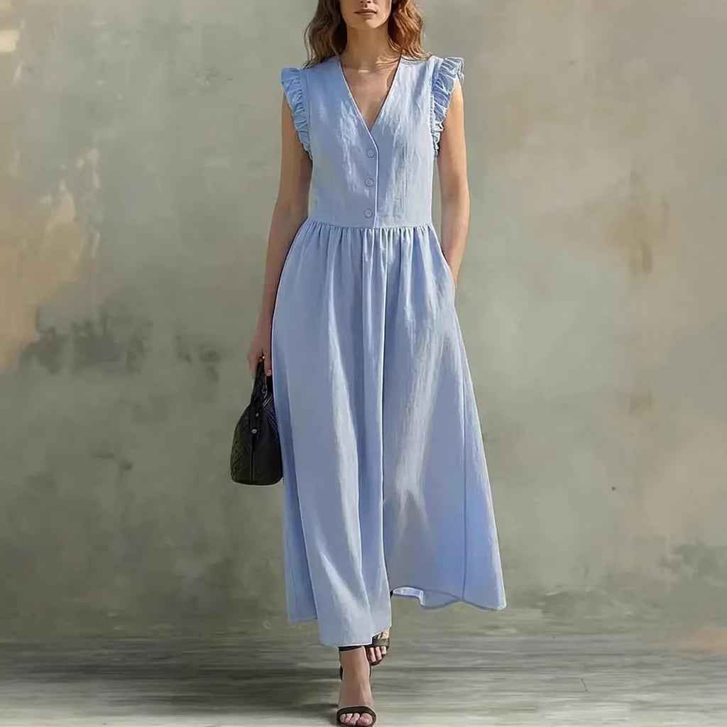 Linen and cotton wrap dress, loose fit with pockets