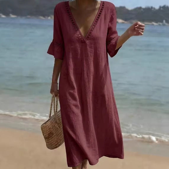 Robe lin coton col V loose fit élégante