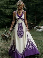Robe longue bohème à imprimé artistique et encolure V