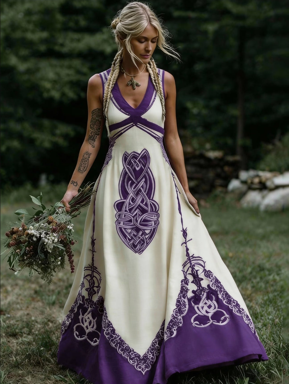 Robe longue bohème à imprimé artistique et encolure V