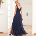 Long double V-neck dress with side slits