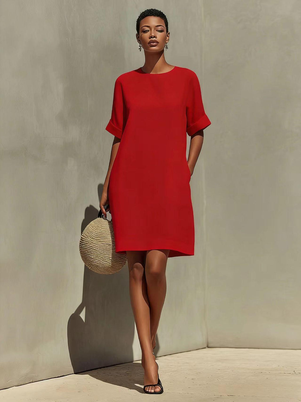 Robe col rond à manches retroussées