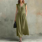 Linen and cotton wrap dress, loose fit with pockets