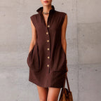 Robe chemise sans manches col montant — Élégance estivale