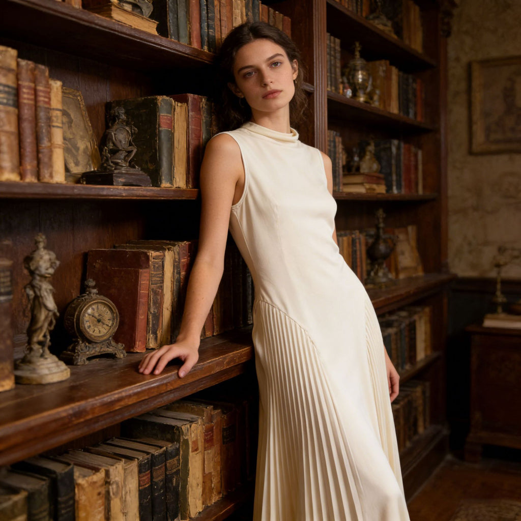 Robe longue plissée à taille marquée — Abricot