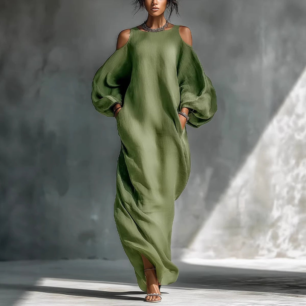 Robe lin vert épaulés dénudés, coupe ample et fluide