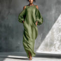 Robe lin vert épaulés dénudés, coupe ample et fluide