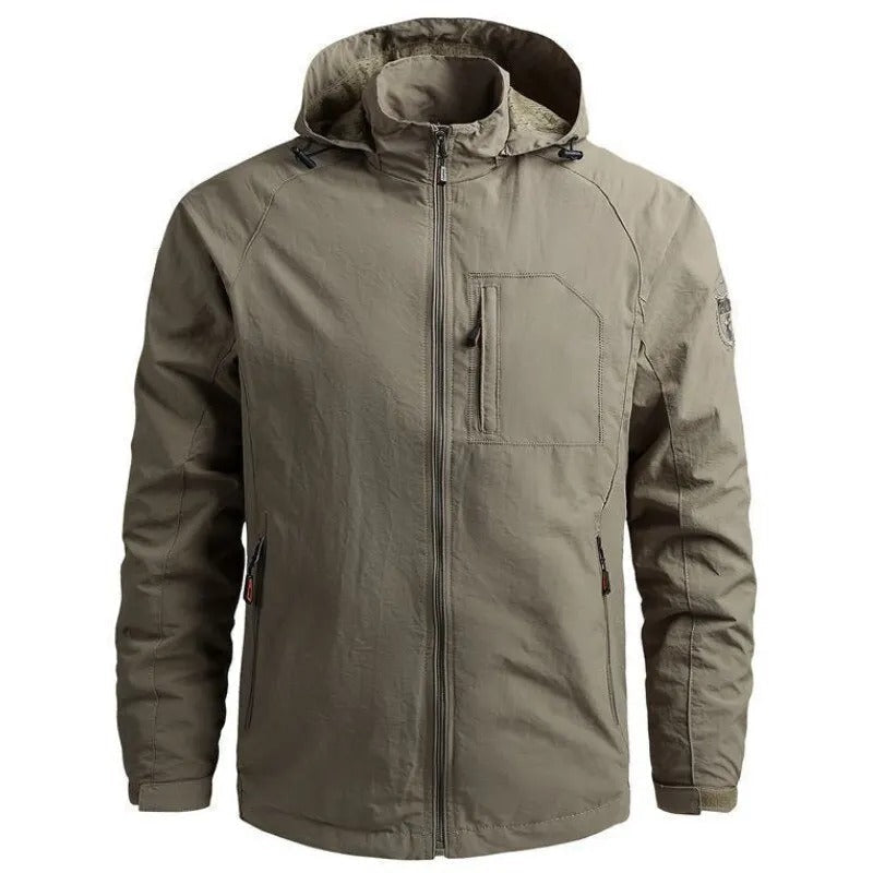 Veste à capuche kaki pour homme, style décontracté, fermeture éclair, poches zippées, idéale pour l'automne et l'hiver, mode masculine tendance.