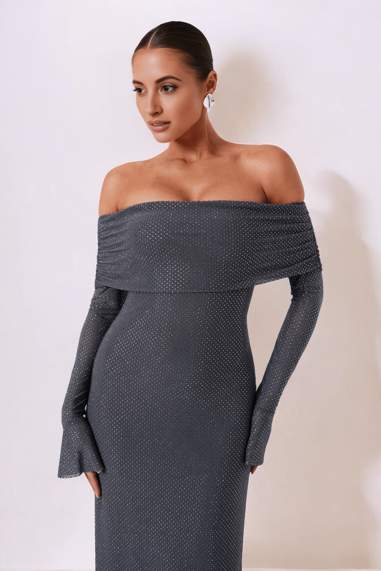 Robe longue de femme à épaules larges en polyester, idéale pour l'automne et festive pour le mariage