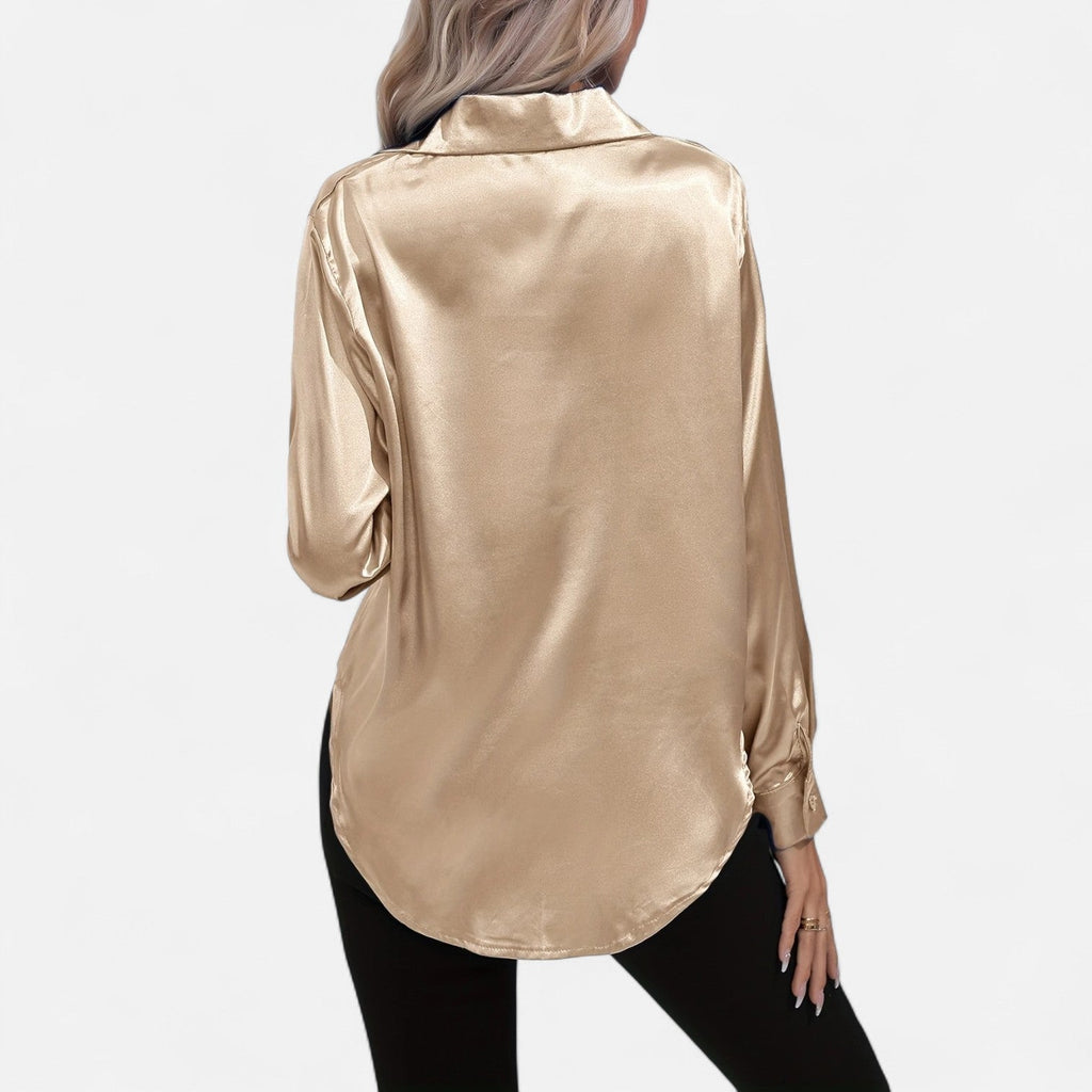 Chemisier boutonné en satin pour femme – Chemise classique à manches longues et revers