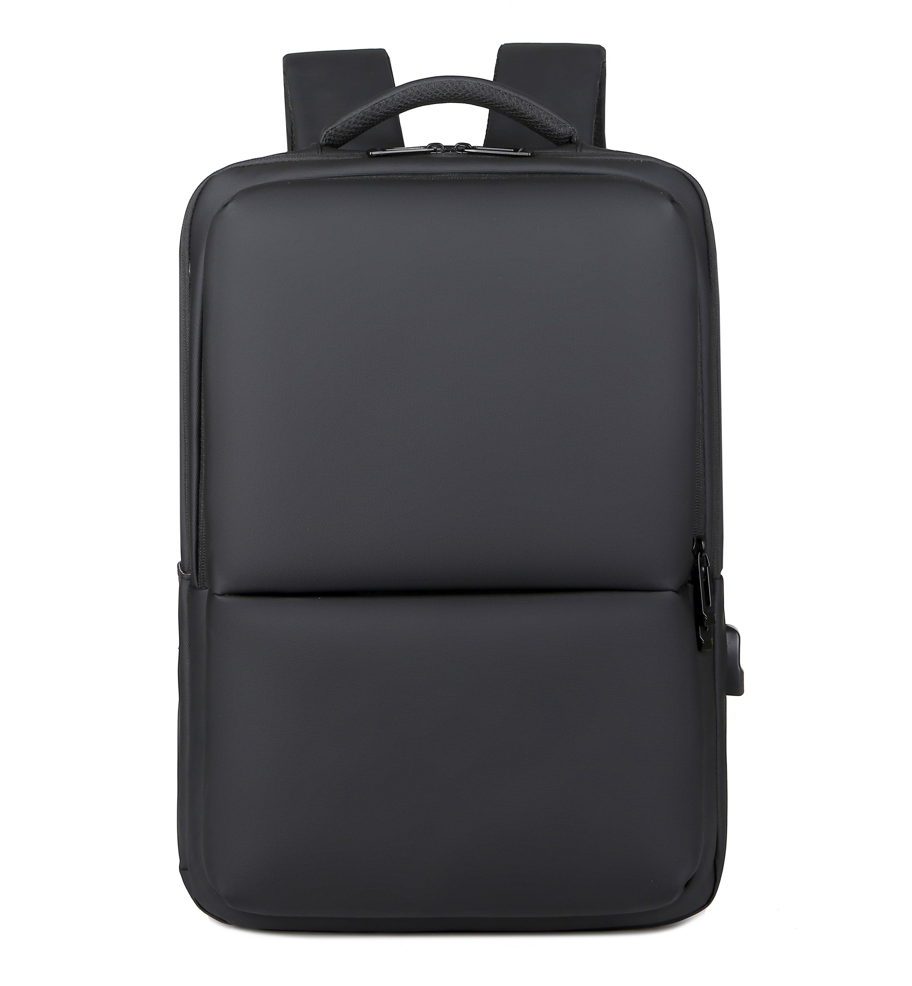 Sac à dos noir minimaliste, design moderne, compartiment pour ordinateur portable, idéal pour le travail et les voyages. Accessoire tendance et fonctionnel.