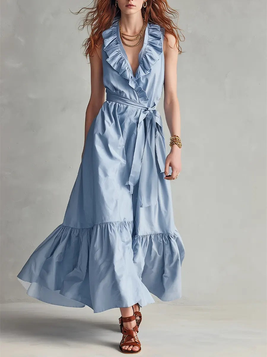 Robe patineuse col V sans manches à laçage