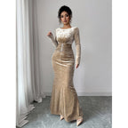 Robe longue velours beige à taille marquée et perles