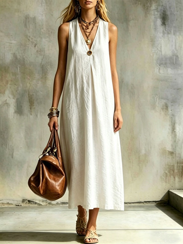 Robe lin-coton col V, ceinture, sans manches