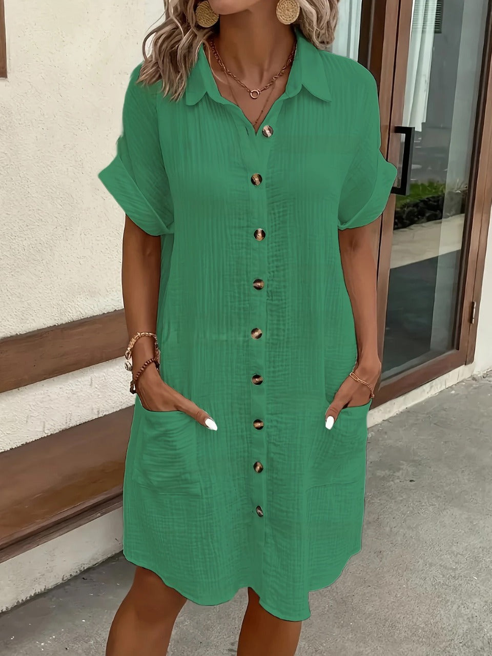 Chemise-robe lin coton unie à boutons