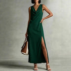 Robe fluide col drapé fendu lin polyester