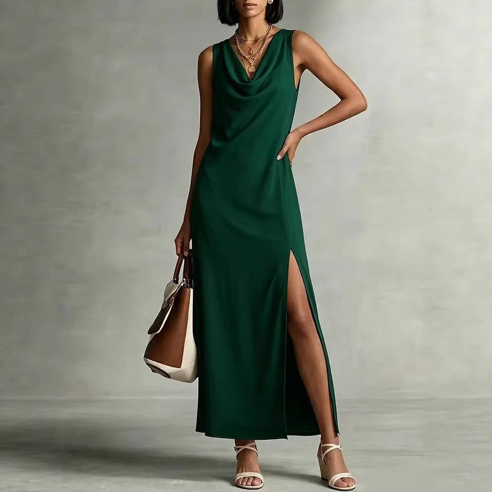 Robe fluide col drapé fendu lin polyester