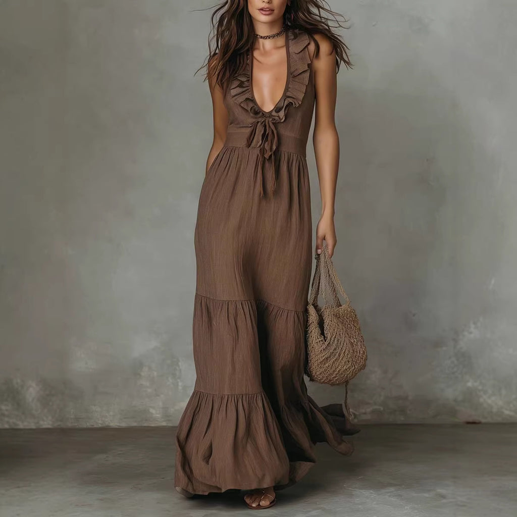 Robe longue lin coton col V sans manches
