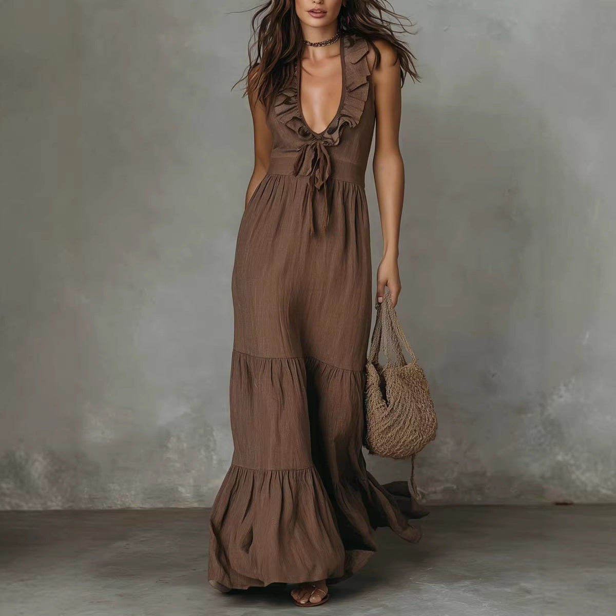 Robe longue lin coton col V sans manches