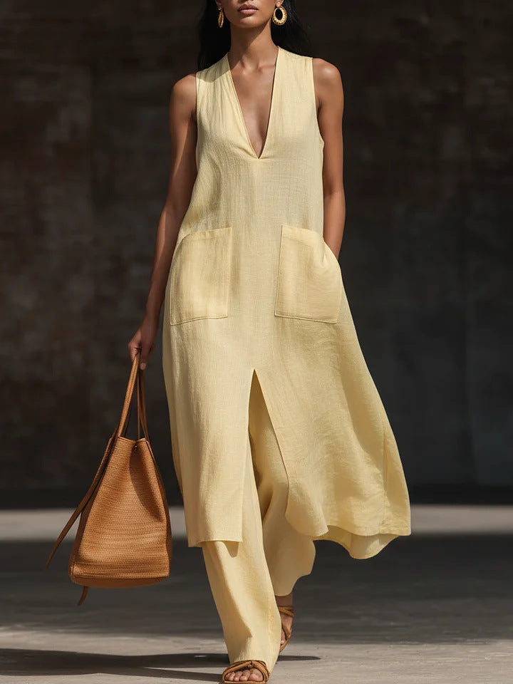 Robe lin col V sans manches — Élégance minimaliste