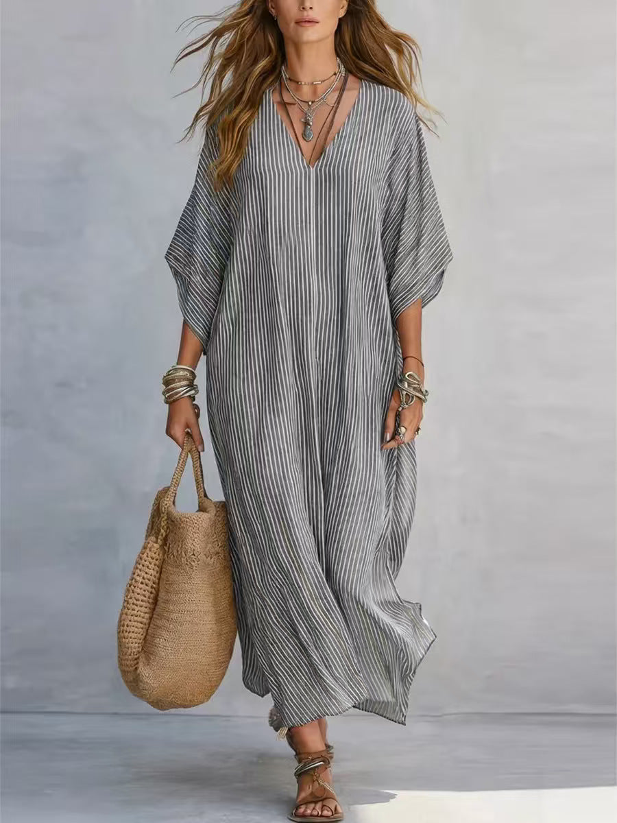Robe longue rayée col V - Coupe ample et confortable