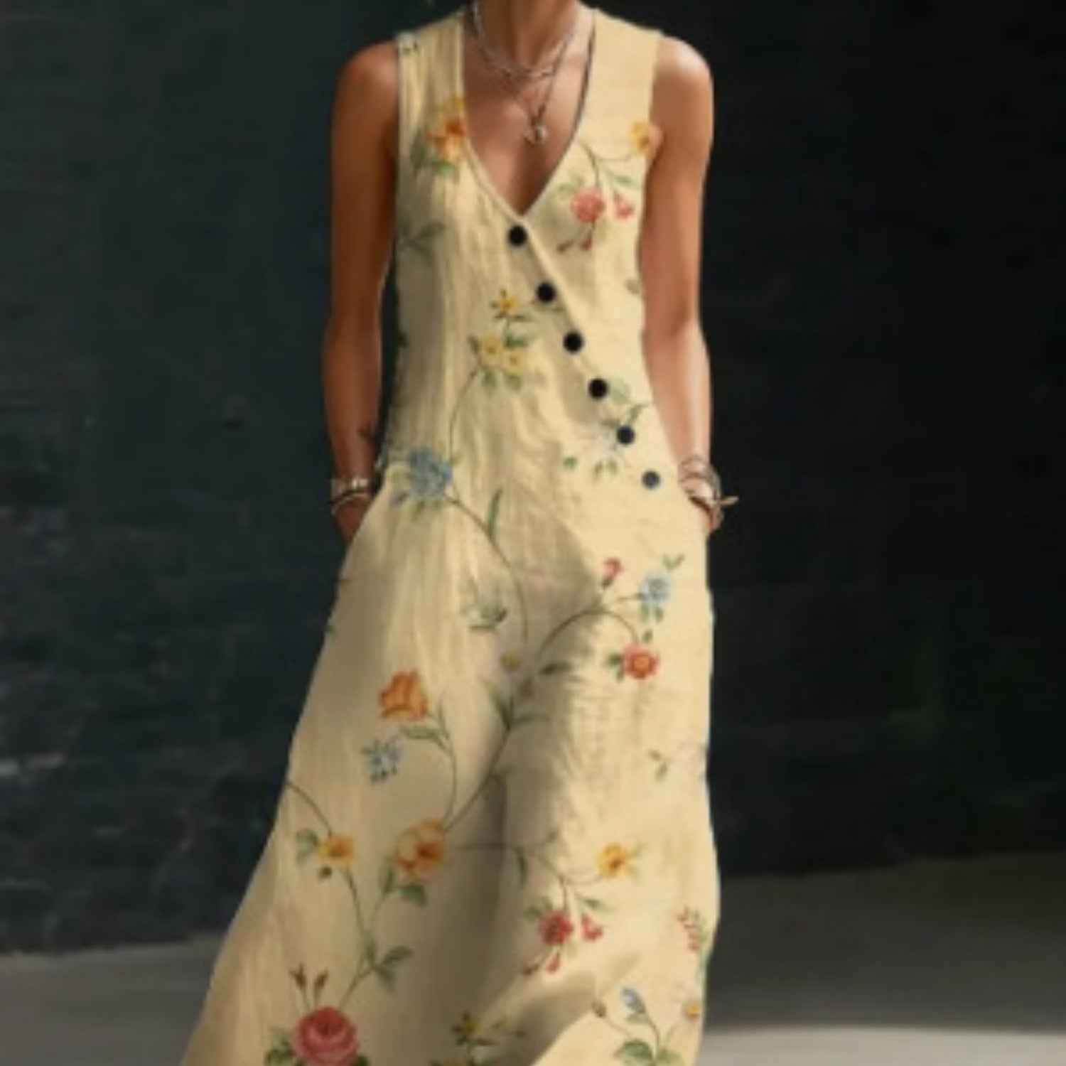 Robe-gilet unie à boutons, longueur médium