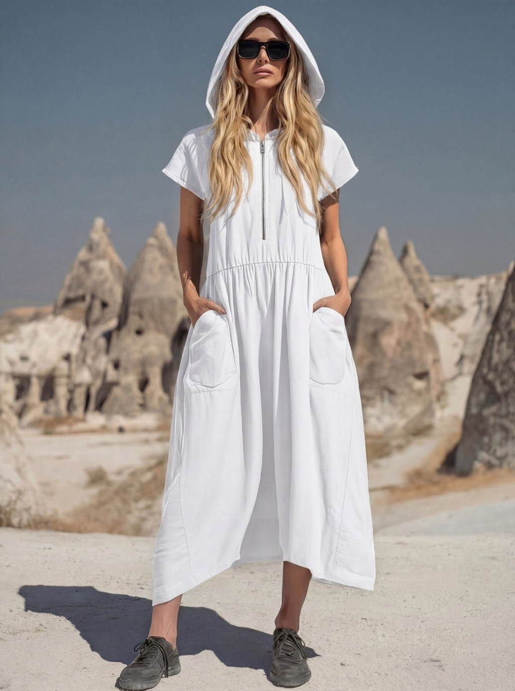 Robe midi à capuche et demi-zip