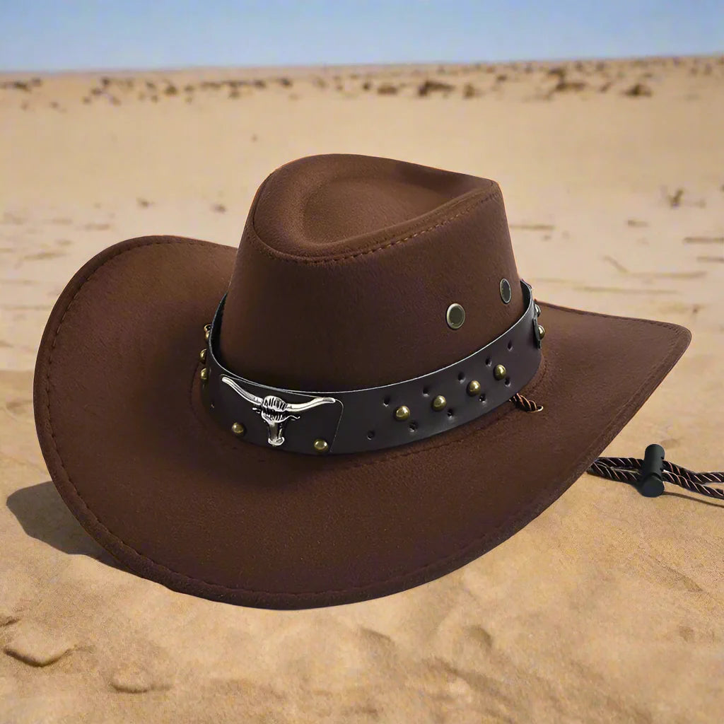 Chapeau de cow-boy | Modèle classique | Cuir végétal et jugulaire tressée | Modèle ajustable