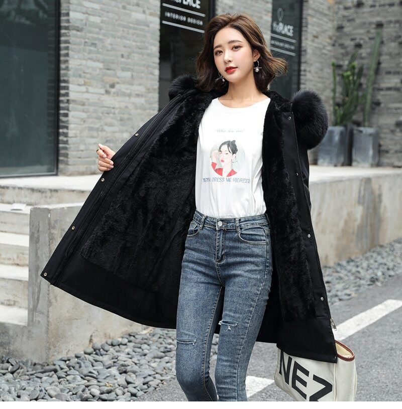 Manteau d'hiver à capuche avec col en fourrure pour femmes