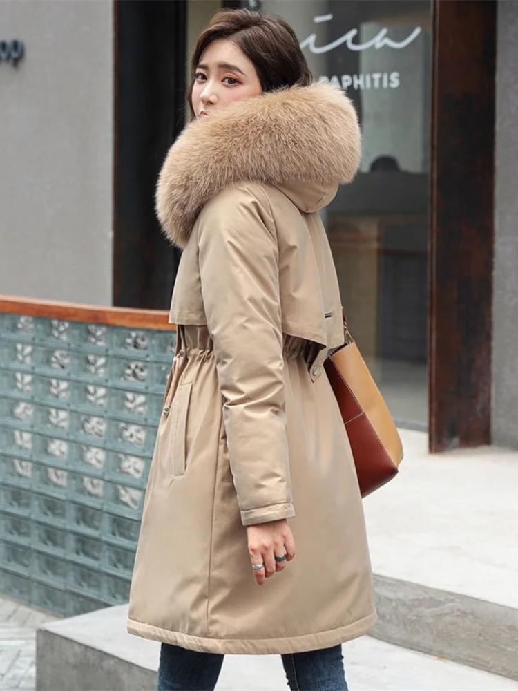 Manteau d'hiver à capuche avec col en fourrure pour femmes