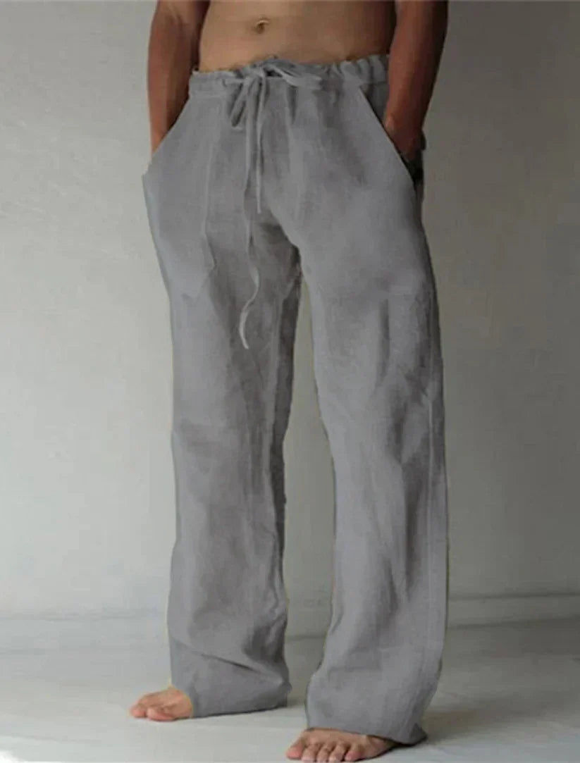 Pantalon en lin gris pour homme, coupe ample, taille élastique avec cordon, poches latérales, style décontracté, idéal pour l'été.