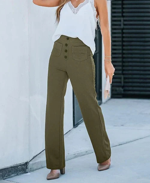 Pantalon femme taille haute, boutonné et extensible
