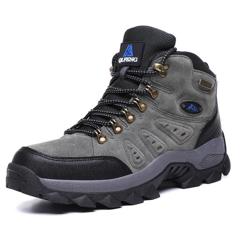 Chaussure de randonnée imperméable en cuir gris et noir, semelle antidérapante, lacets robustes, idéale pour trekking et activités extérieures.