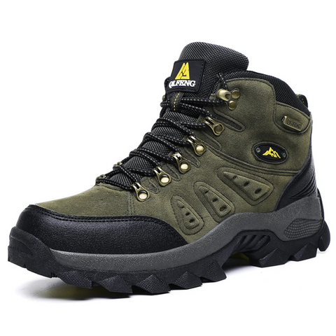 Chaussure de randonnée imperméable verte et noire, semelle antidérapante, lacets robustes, idéale pour trekking en montagne et activités extérieures.