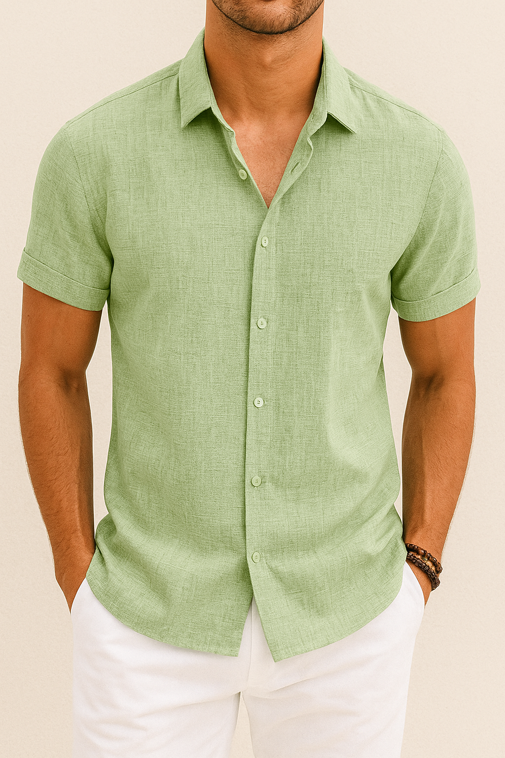 Chemise verte en lin pour homme, manches courtes, col classique, portée avec un pantalon blanc. Mode estivale élégante et décontractée.