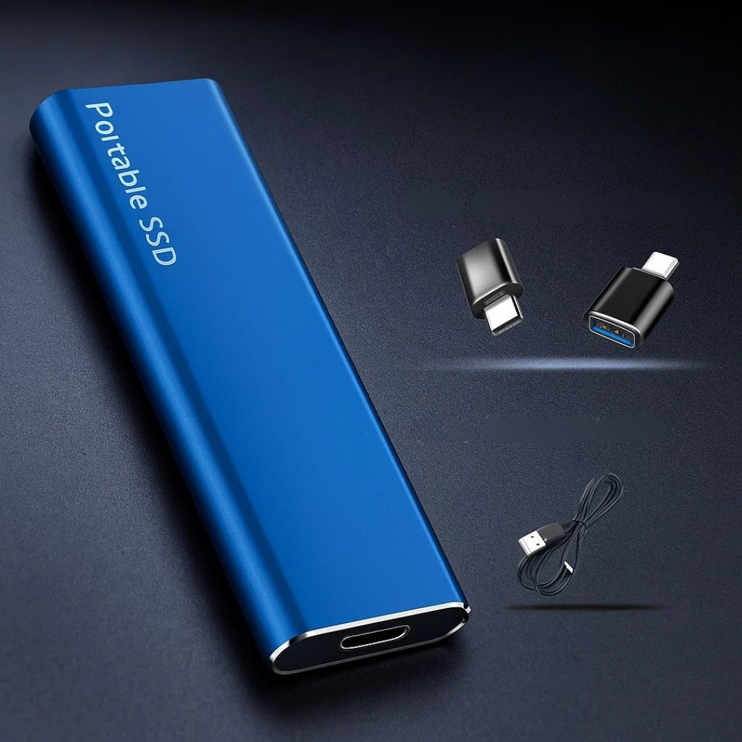 Disque SSD portable bleu avec adaptateurs USB-C et câble USB, stockage externe rapide et compact, idéal pour transfert de données et sauvegarde.