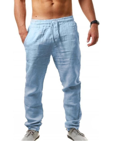 Pantalon en lin bleu clair pour homme, coupe décontractée, avec poches latérales, idéal pour l'été. Mode masculine, confort, style estival.