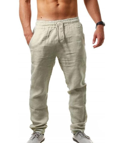 Pantalon en lin beige pour homme, coupe décontractée, taille élastique, poches latérales, idéal pour mode estivale et confort quotidien.
