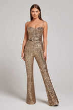 Women's Sequin Belted Flare Leg Jumpsuit