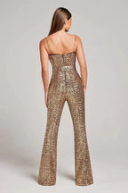 Women's Sequin Belted Flare Leg Jumpsuit