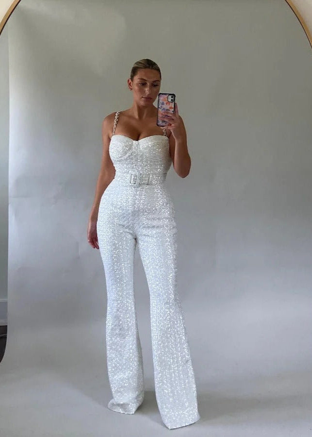 Women's Sequin Belted Flare Leg Jumpsuit