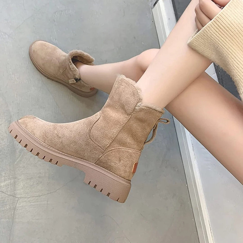 Bottines confortables pour femmes avec fermeture éclair latérale et fausse fourrure