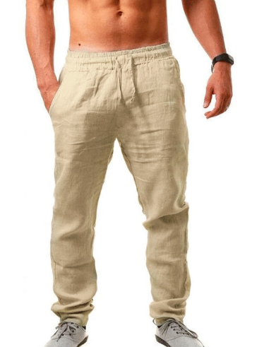 Pantalon en lin beige pour homme, taille élastique, poches latérales, style décontracté, idéal pour l'été, confort et légèreté assurés.