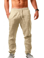Pantalon en lin beige pour homme, taille élastique, poches latérales, style décontracté, idéal pour l'été, confort et légèreté assurés.