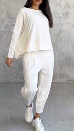Women's casual summer set with oversized sweater and tapered pants