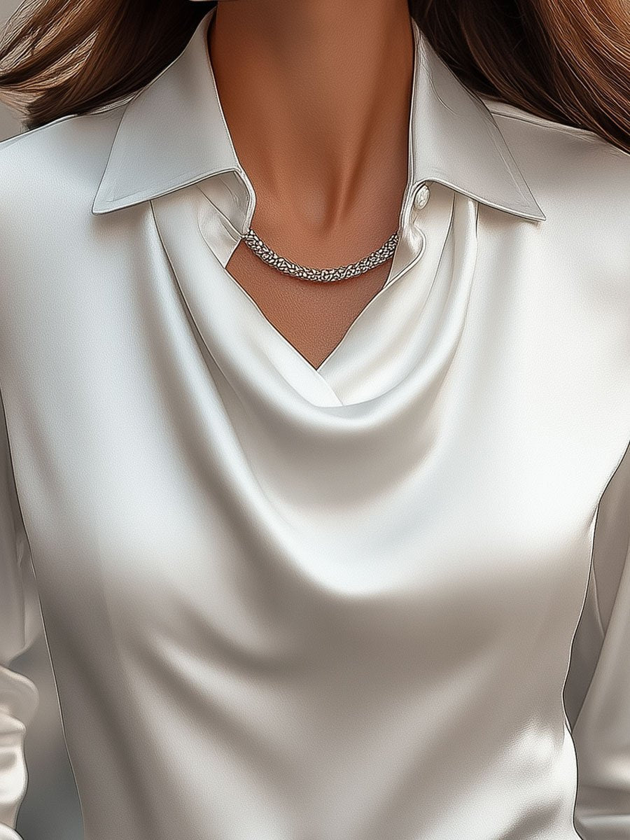 Chemisier en satin pour femme avec encolure drapée – Haut élégant à manches longues pour le travail et les soirées